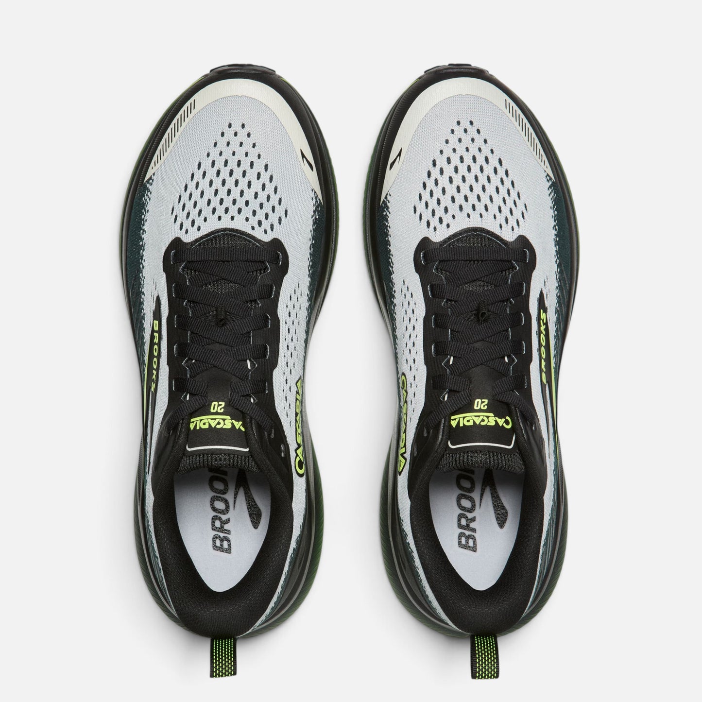 Scarpe da trail running Ares Sport Arezzo Brooks Cascadia 20 grigie con dettagli neri e verde fluo, vista dall'alto.
