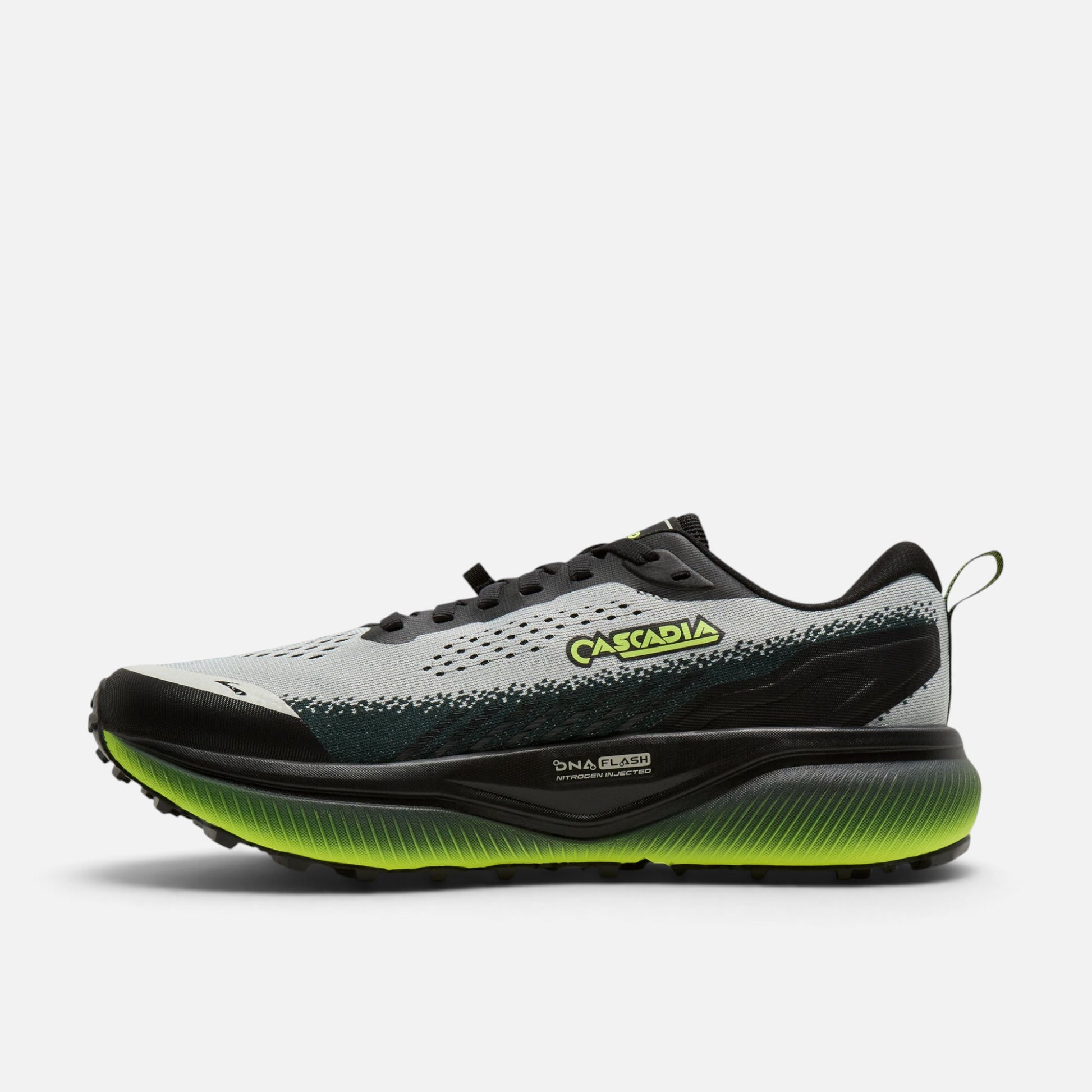 Scarpe da trail running Ares Sport Arezzo Brooks Cascadia 20 grigie con dettagli neri e suola verde fluo
