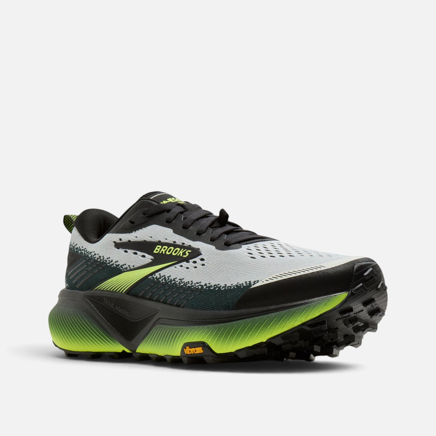 Scarpe da trail running Ares Sport Arezzo Brooks Cascadia 20 grigie con dettagli neri e verde fluo e suola Vibram