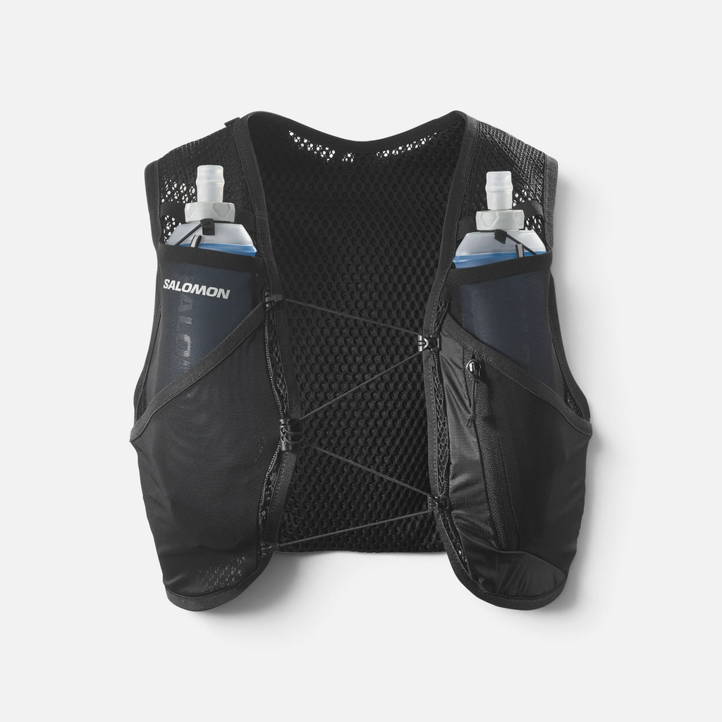 Gilet da trail running Ares Sport Arezzo nero in mesh traspirante con due borracce Salomon incluse