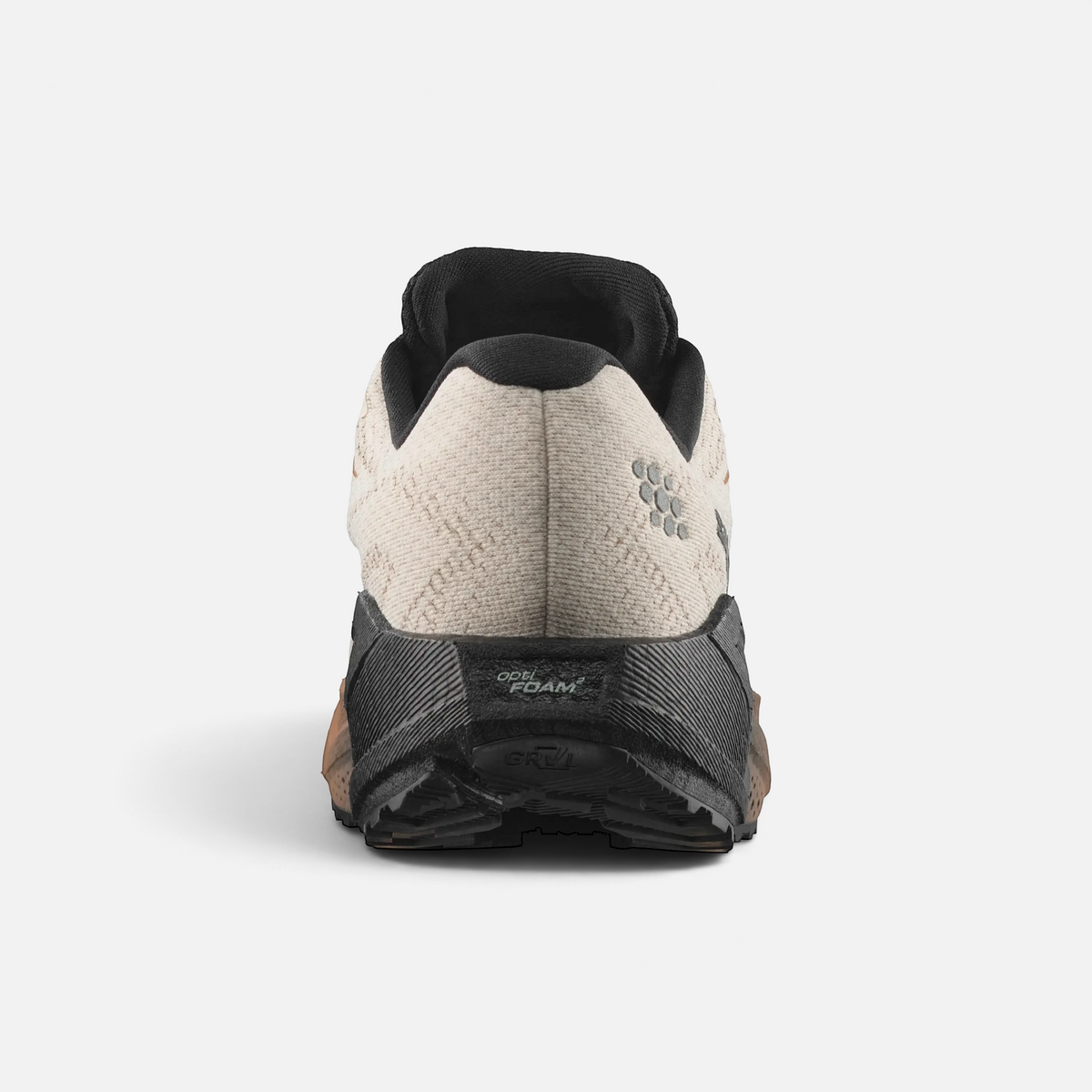 Vista posteriore delle scarpe da trail running Salomon Ares Sport Arezzo color sabbia con intersuola ammortizzata nera