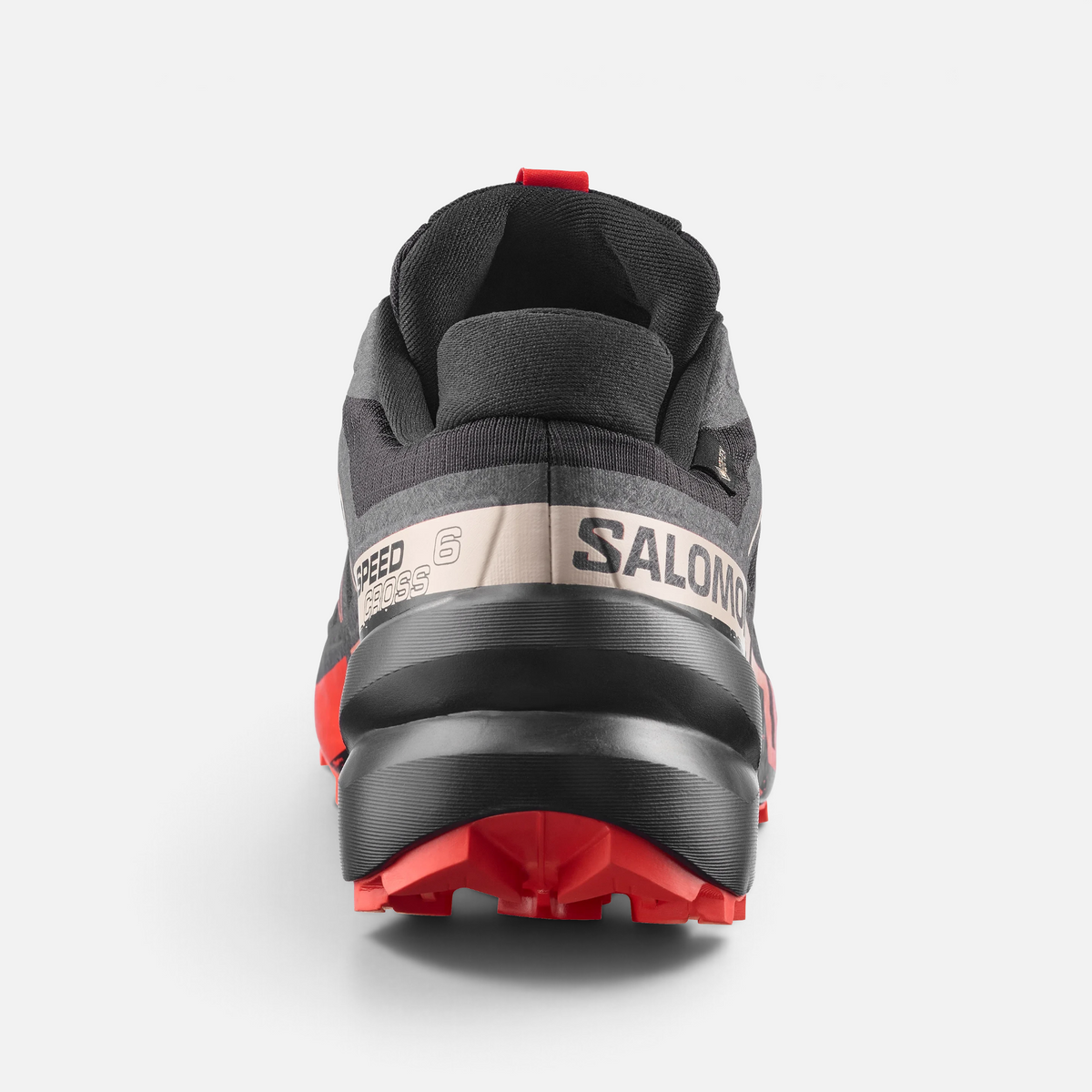 Vista posteriore delle scarpe da trail running Ares Sport Arezzo Salomon Speedcross 6 nere e rosse con suola tecnica