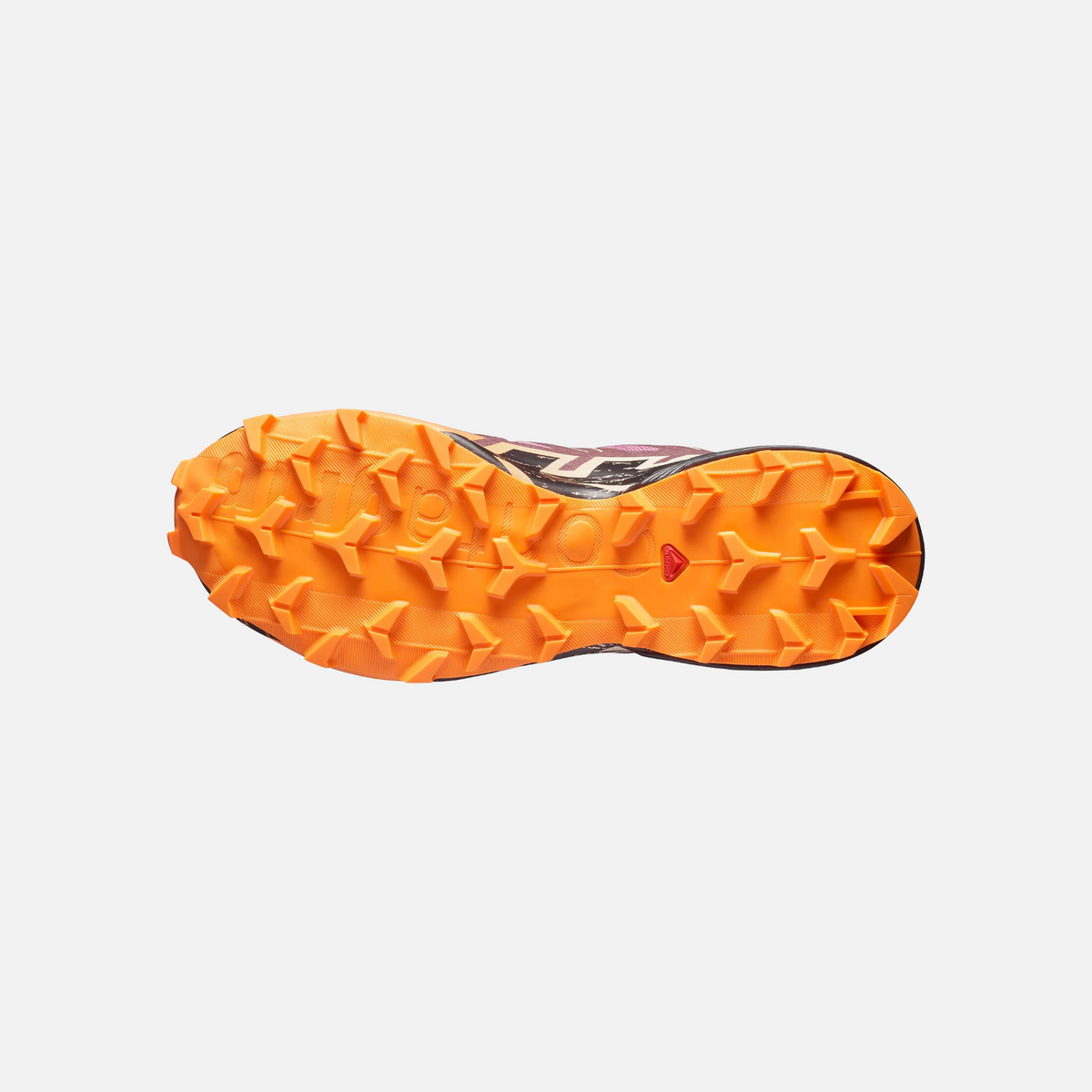 Suola arancione con tasselli profondi di una scarpa da trail running Salomon Speedcross di Ares Sport Arezzo