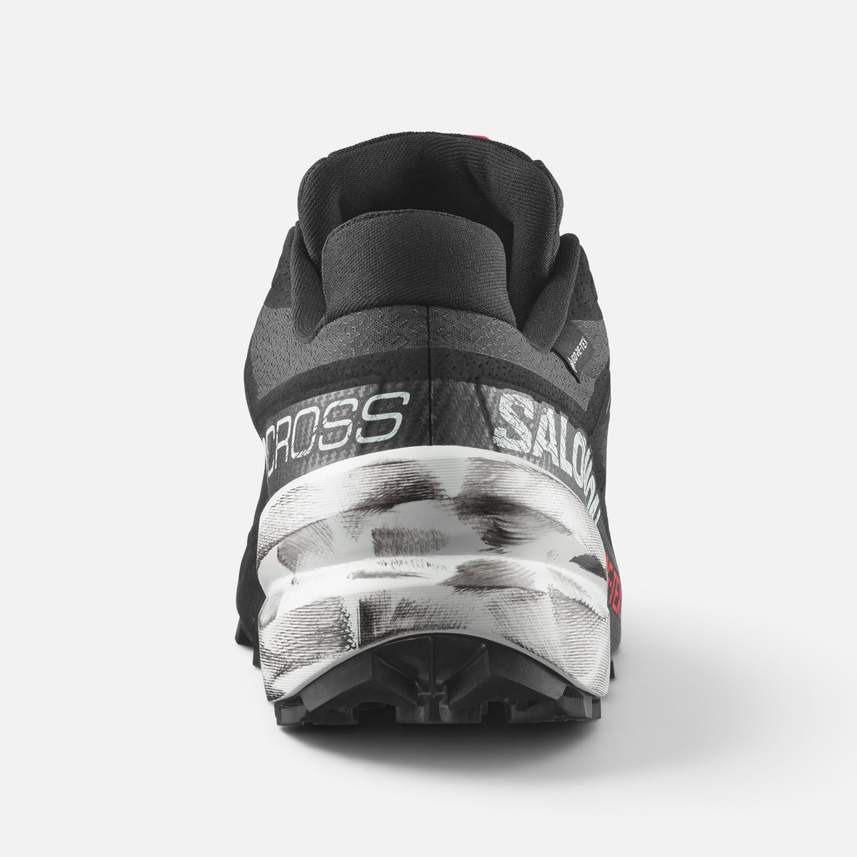 Vista posteriore delle scarpe da trail running Salomon Speedcross nere con dettagli bianchi, Ares Sport Arezzo
