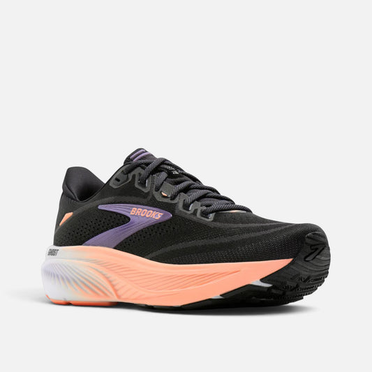 Scarpe da corsa Ares Sport Arezzo Brooks Ghost nere con dettagli viola e arancioni, tomaia in mesh traspirante.
