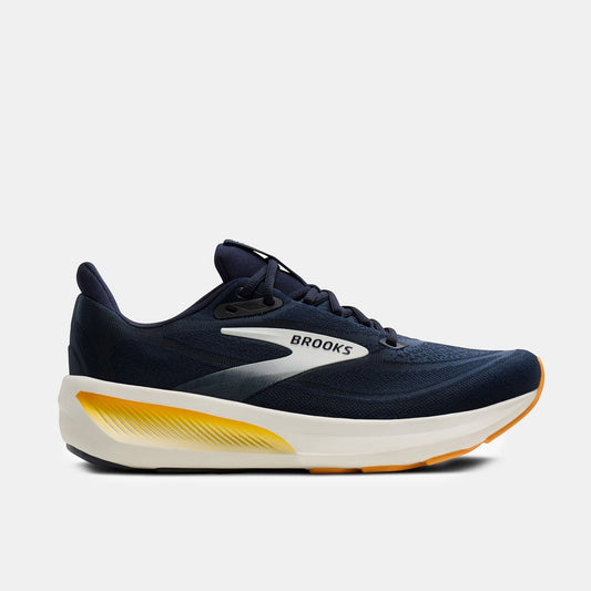 Scarpe da corsa Ares Sport Arezzo Brooks blu navy in mesh con intersuola ammortizzata gialla e bianca