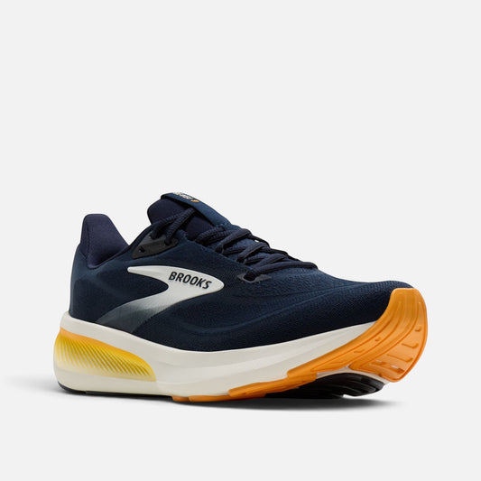 Scarpe da corsa Ares Sport Arezzo Brooks blu navy in mesh con intersuola ammortizzata gialla e bianca