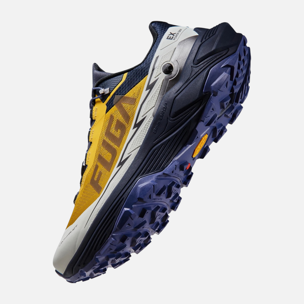 Scarpe da trail running Ares Sport Arezzo Kailas Fuga in giallo senape e blu navy con suola Vibram ad alta trazione