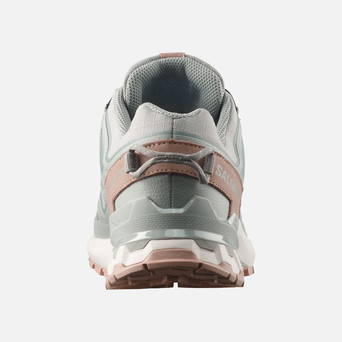 Vista posteriore delle scarpe da trail running Salomon Ares Sport Arezzo in grigio e rosa con suola tecnica robusta