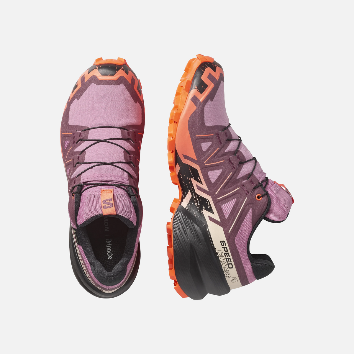 Scarpe da trail running Ares Sport Arezzo Salomon Speedcross viola e arancioni con suola tecnica per terreni fangosi