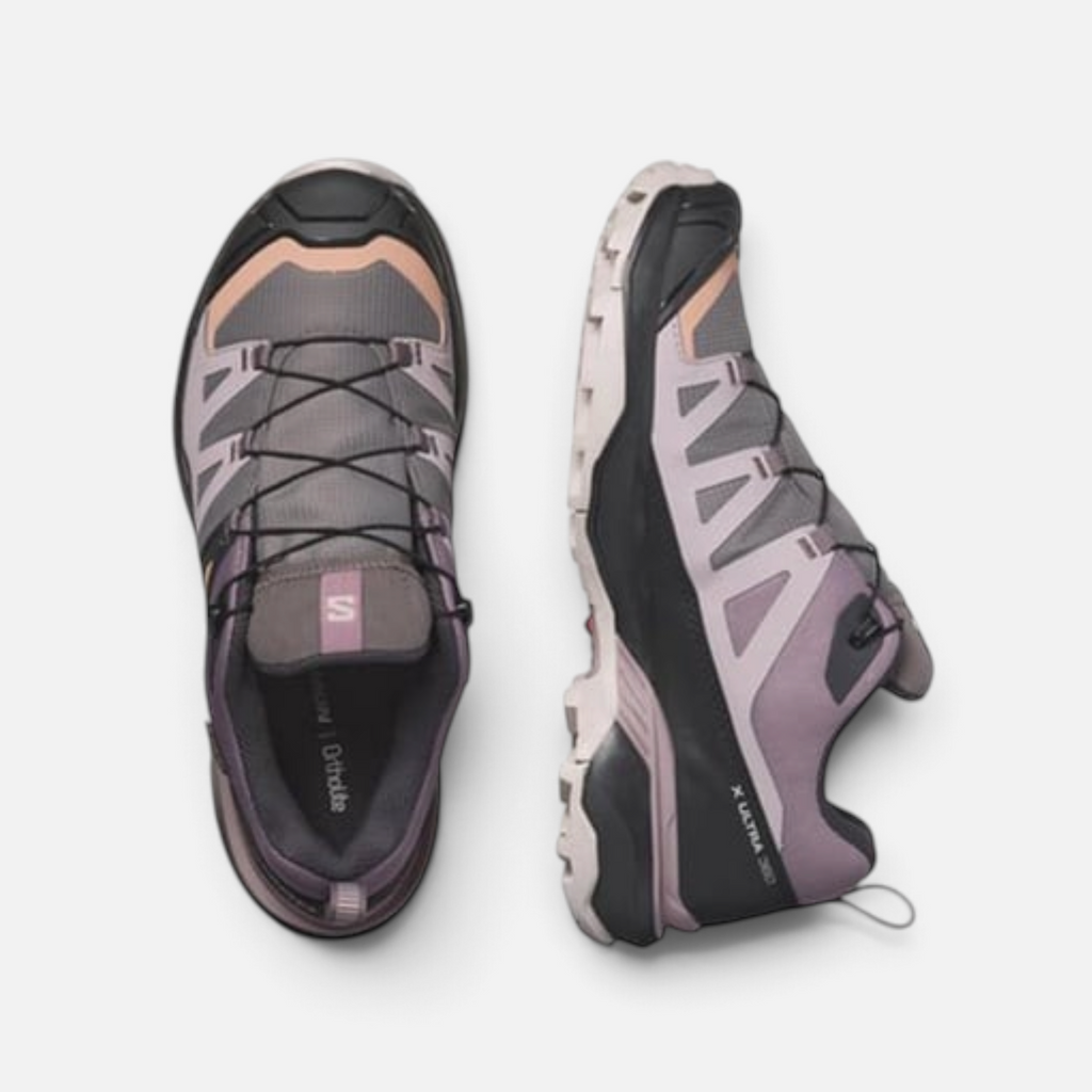 Scarpe da trekking Ares Sport Arezzo Salomon in grigio e malva con suola tecnica e sistema di allacciatura rapida